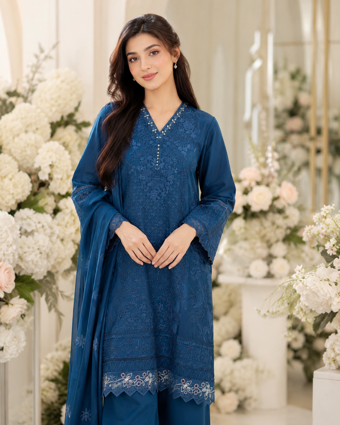 Royal Blue Embroidered Lawn 3-Piece Unstitched Suit with Printed Dupatta
