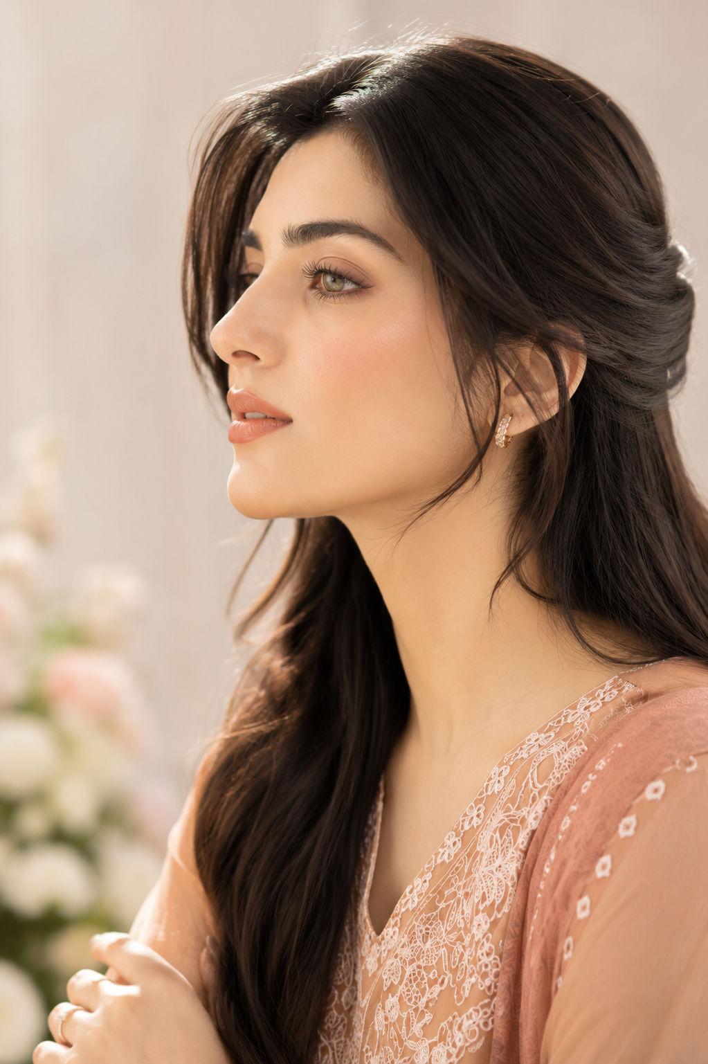 Elegant Peach Embroidered Lawn 3-Piece Suit with Printed Dupatta