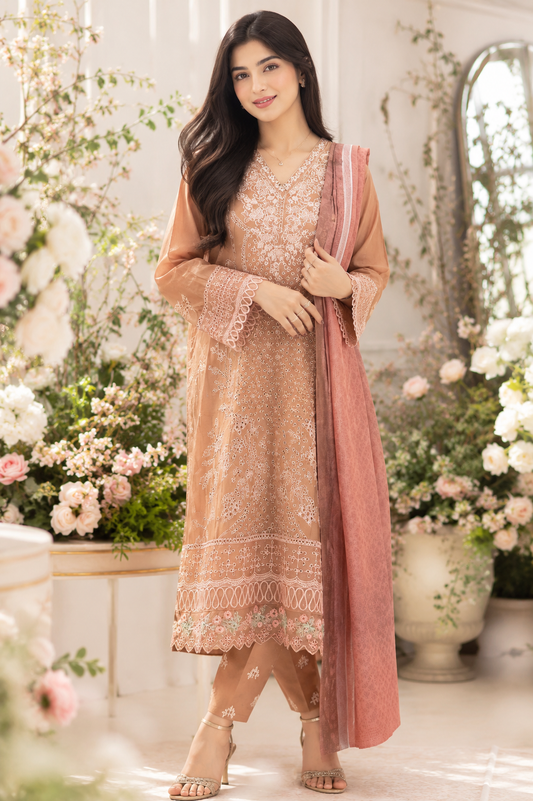 Elegant Peach Embroidered Lawn 3-Piece Suit with Printed Dupatta