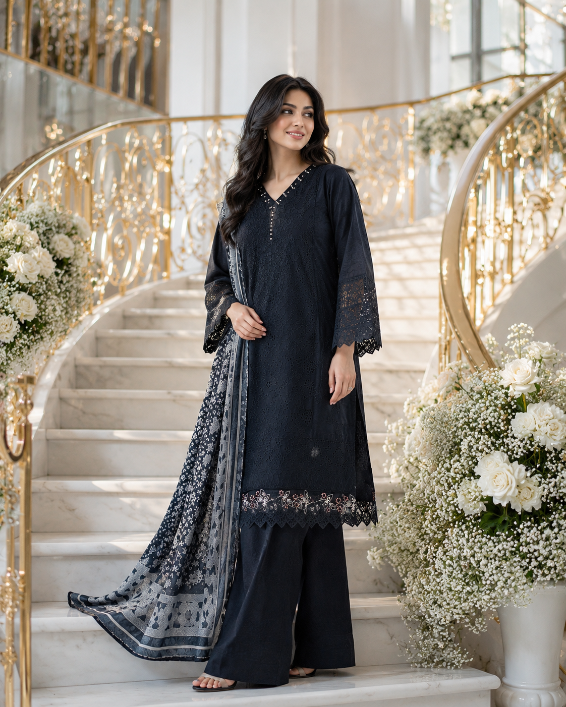 Black Embroidered 3-Piece Lawn Suit