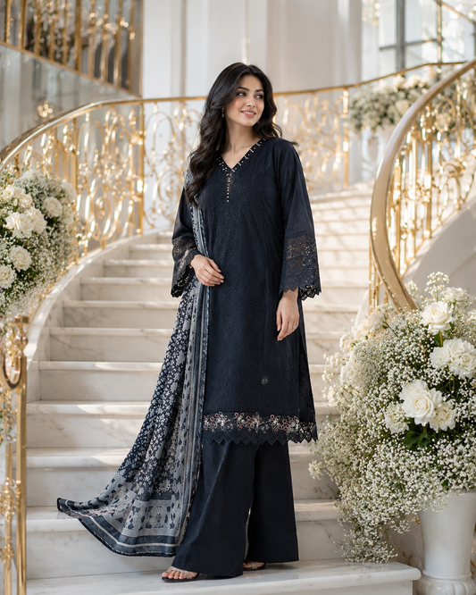 Black Embroidered 3-Piece Lawn Suit