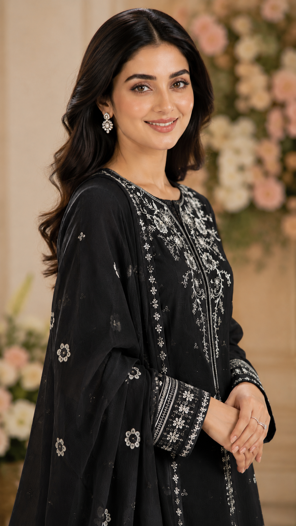 Classic Black Embroidered Lawn 3-Piece Suit with Printed Dupatta