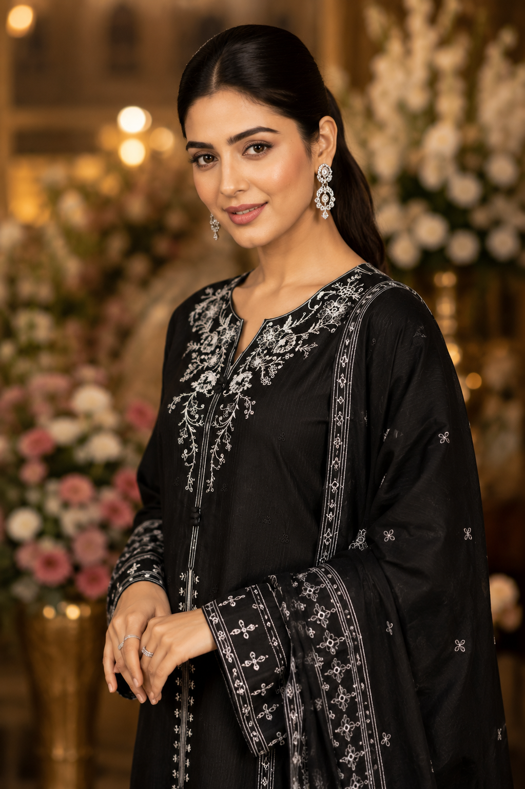 Classic Black Embroidered Lawn 3-Piece Suit with Printed Dupatta