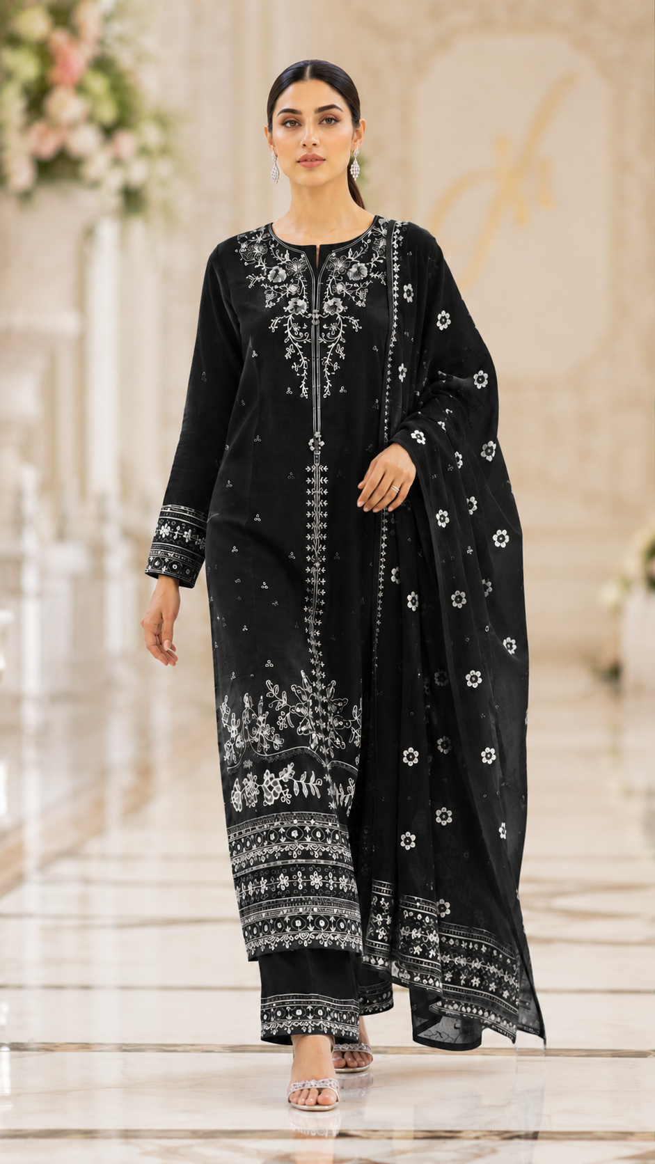 Classic Black Embroidered Lawn 3-Piece Suit with Printed Dupatta