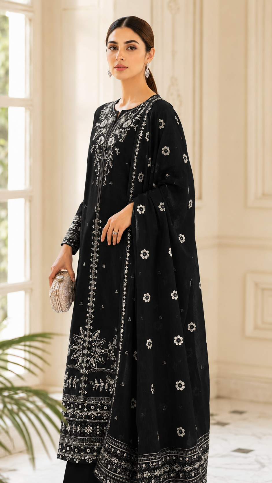 Classic Black Embroidered Lawn 3-Piece Suit with Printed Dupatta