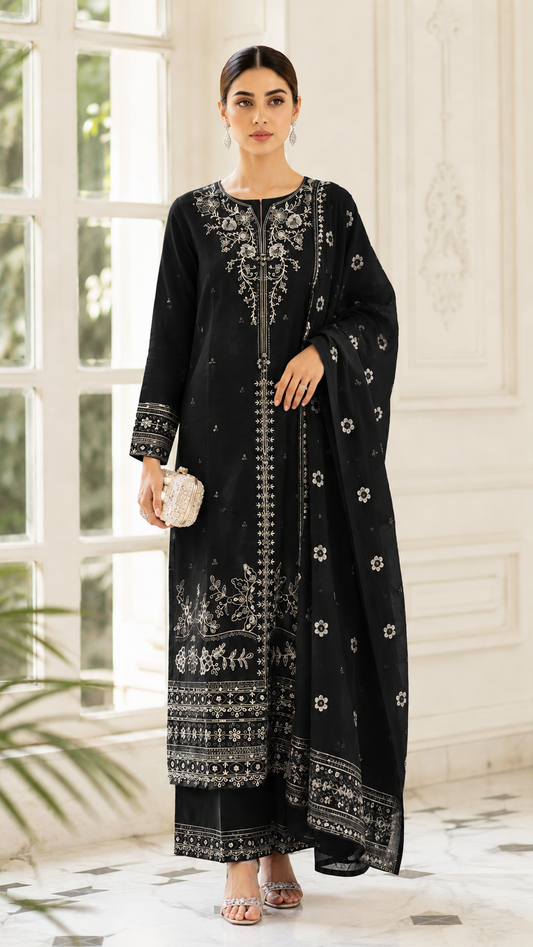 Classic Black Embroidered Lawn 3-Piece Suit with Printed Dupatta