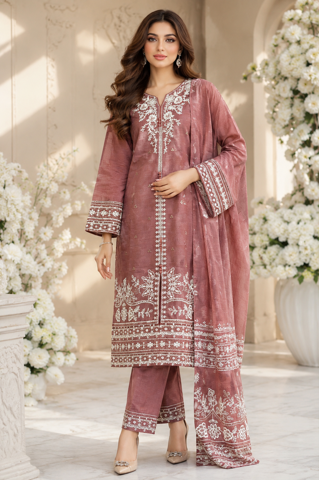 Dusty Rose Embroidered Lawn 3-Piece Suit with Printed Dupatta