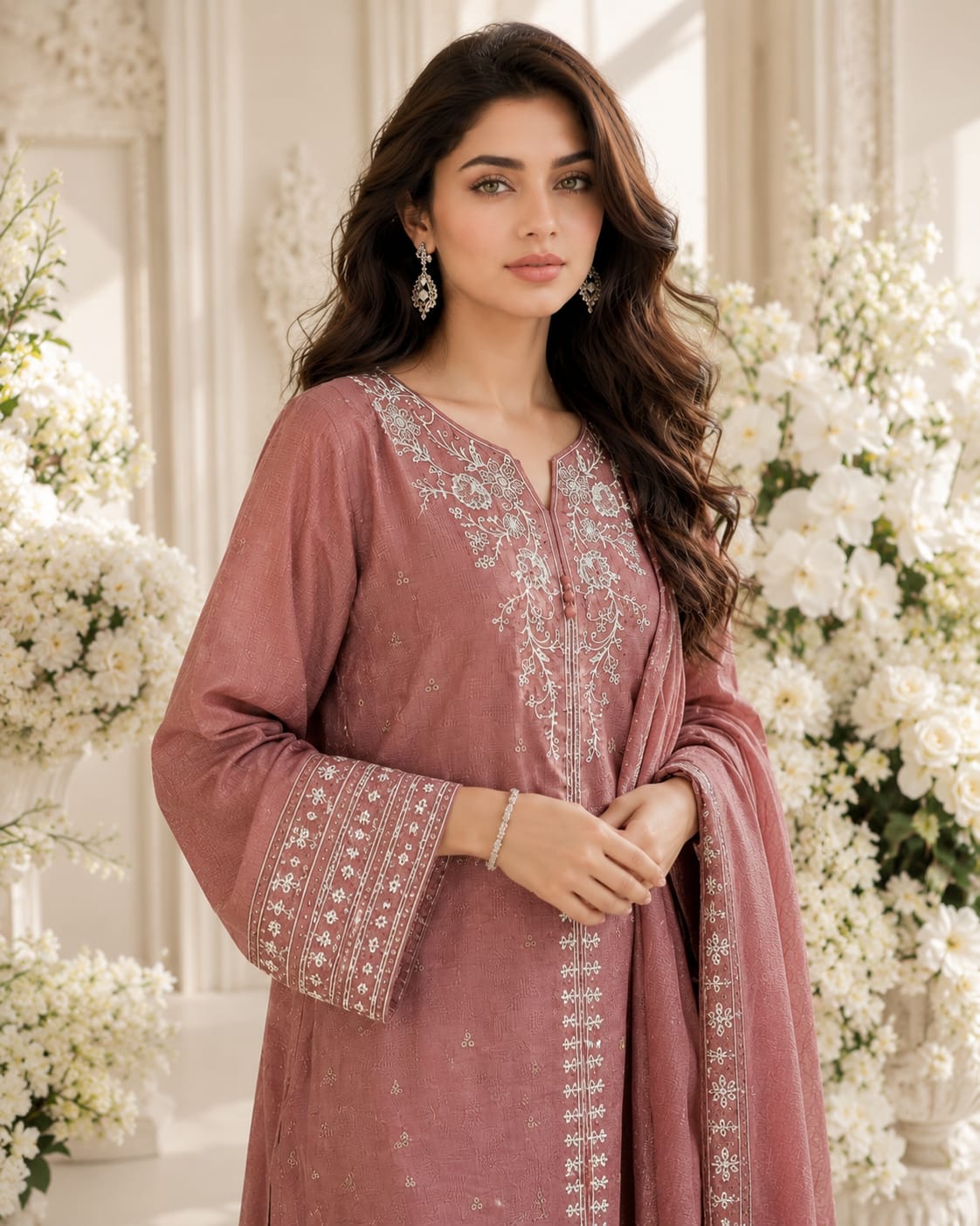 Dusty Rose Embroidered Lawn 3-Piece Suit with Printed Dupatta