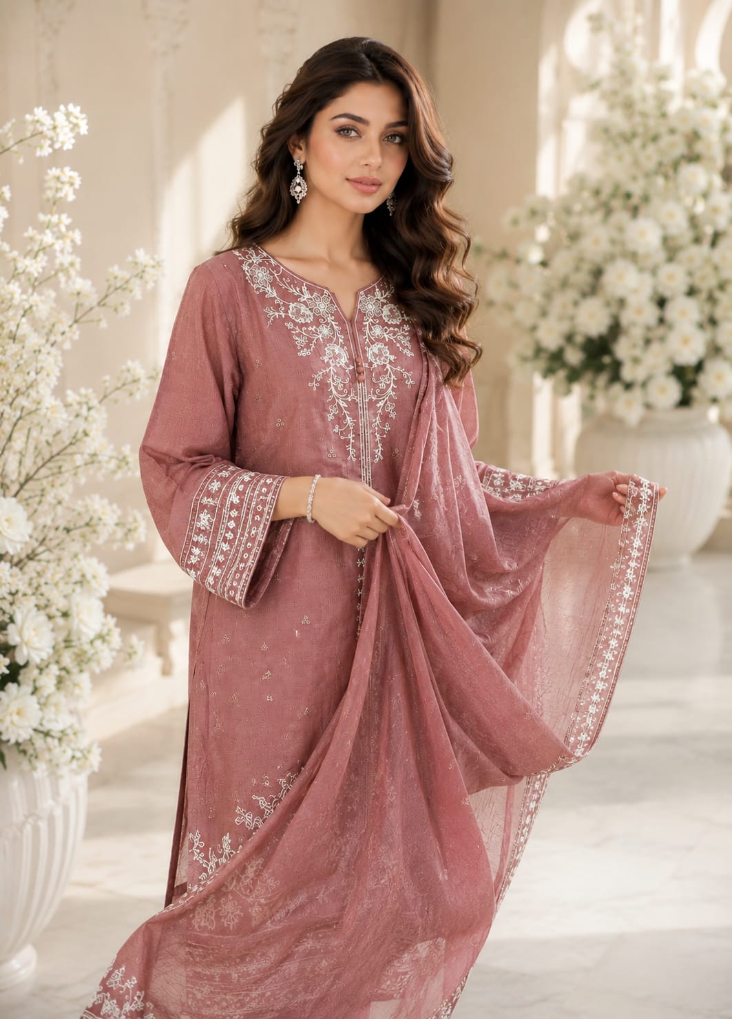 Dusty Rose Embroidered Lawn 3-Piece Suit with Printed Dupatta