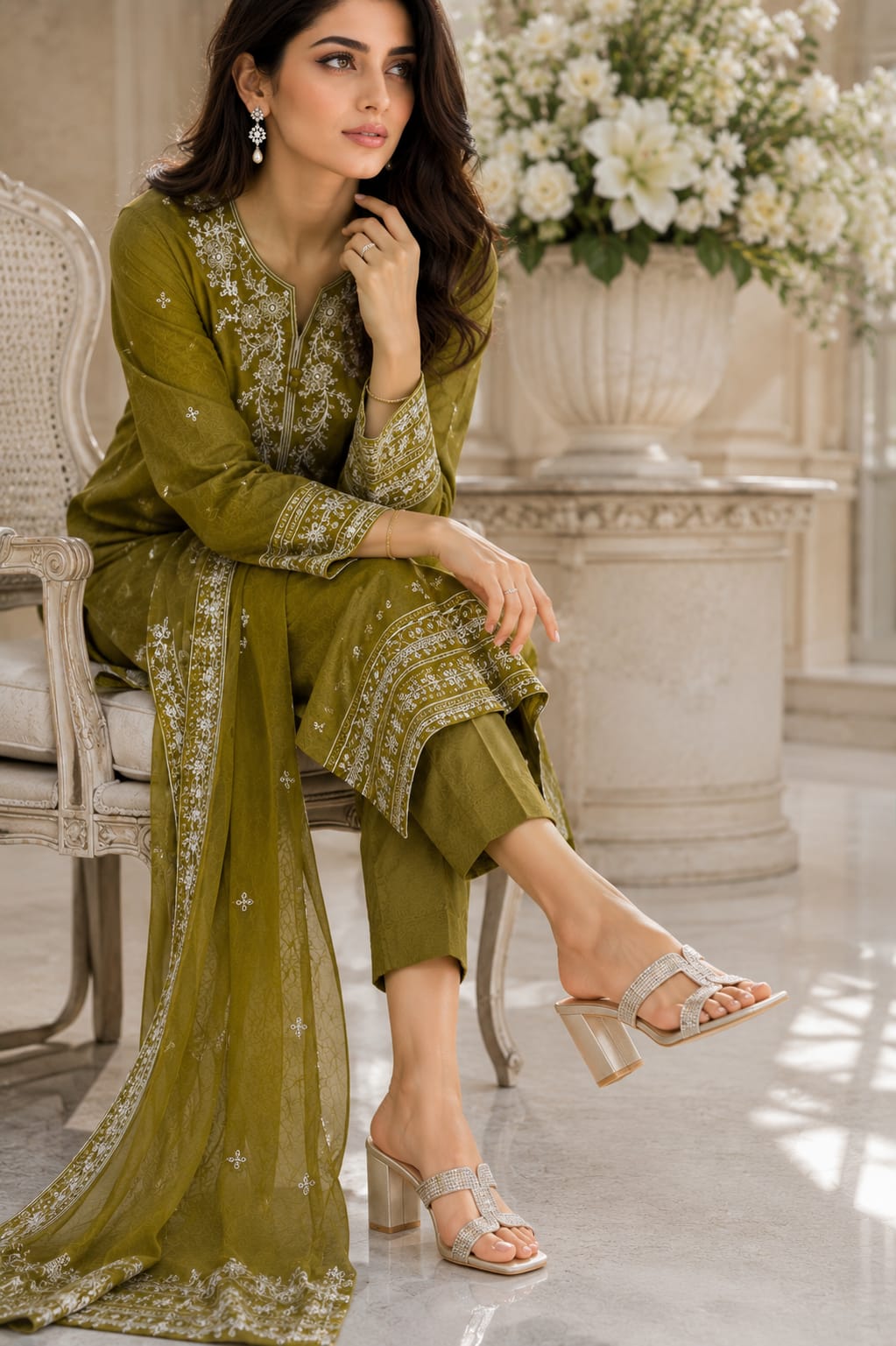Olive Green Embroidered Lawn 3-Piece Suit with Printed Dupatta