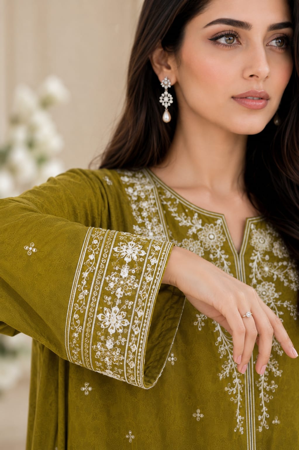 Olive Green Embroidered Lawn 3-Piece Suit with Printed Dupatta