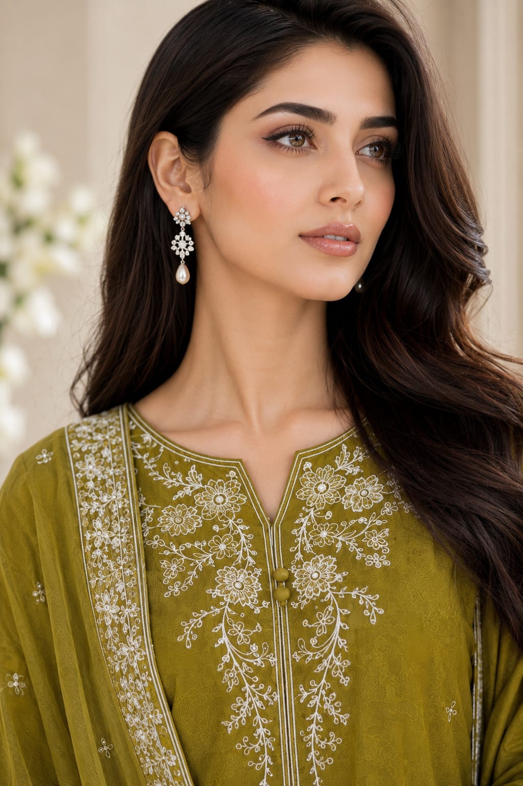 Olive Green Embroidered Lawn 3-Piece Suit with Printed Dupatta