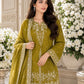 Olive Green Embroidered Lawn 3-Piece Suit with Printed Dupatta