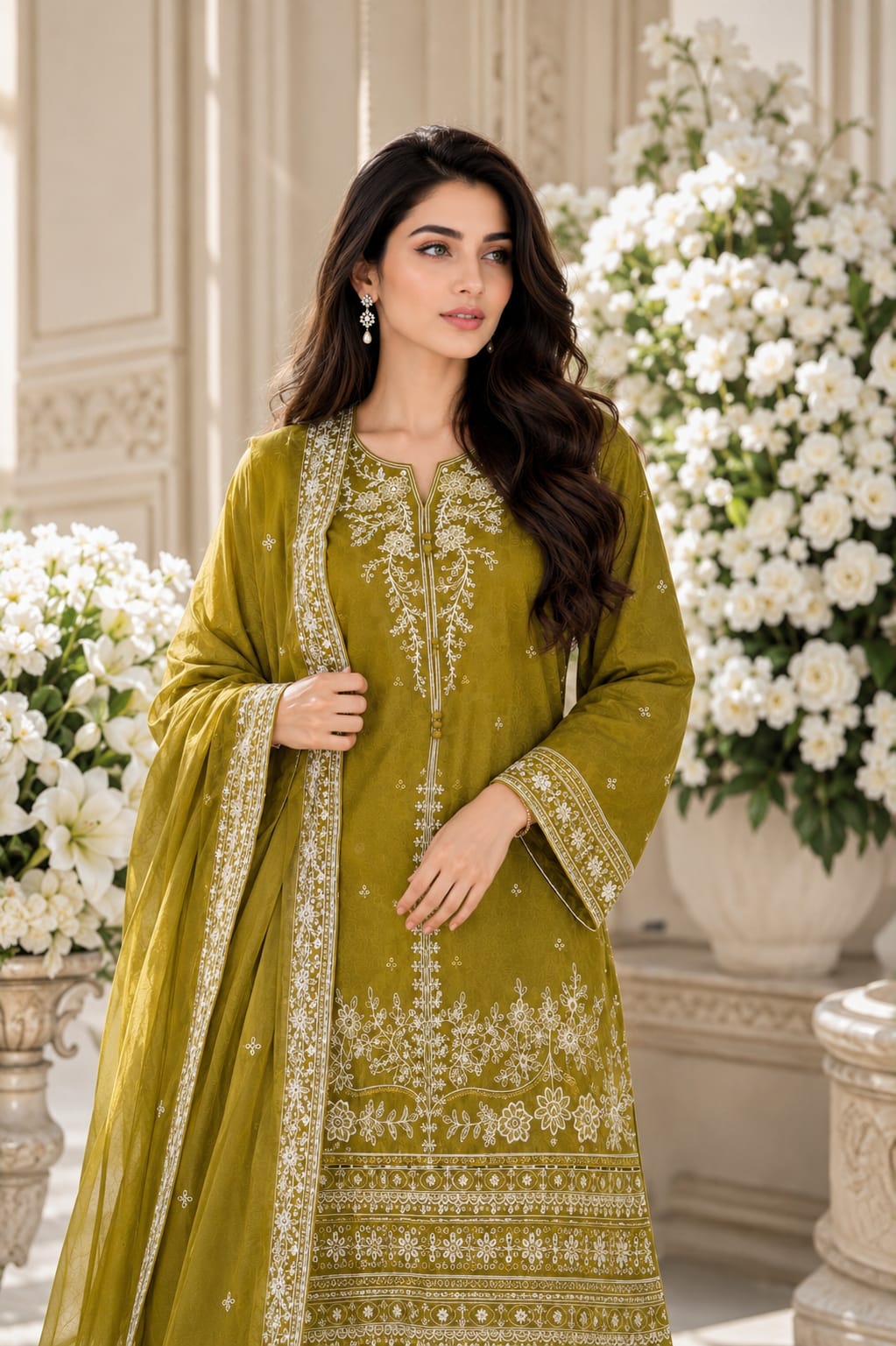Olive Green Embroidered Lawn 3-Piece Suit with Printed Dupatta