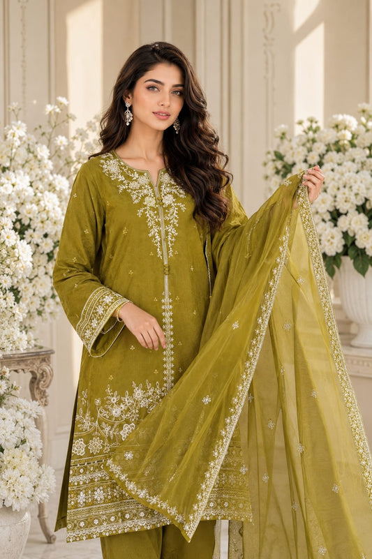 Olive Green Embroidered Lawn 3-Piece Suit with Printed Dupatta