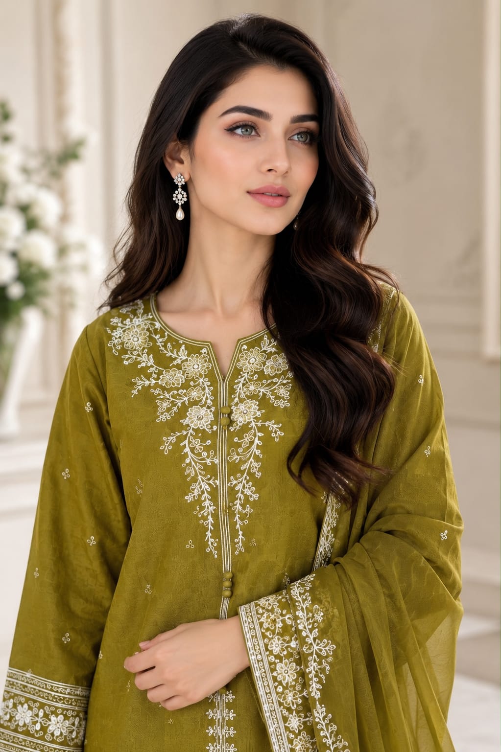 Olive Green Embroidered Lawn 3-Piece Suit with Printed Dupatta