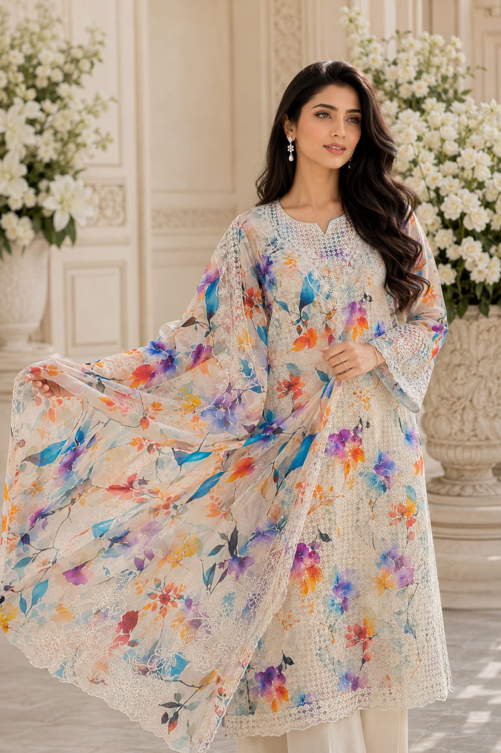 Floral Printed Lawn 3-Piece Suit with Embroidered Lace & Printed Dupatta