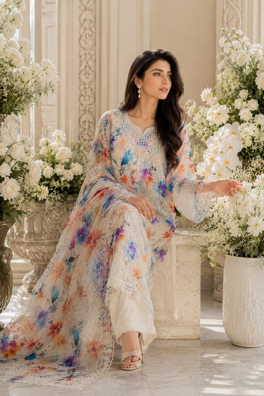 Floral Printed Lawn 3-Piece Suit with Embroidered Lace & Printed Dupatta