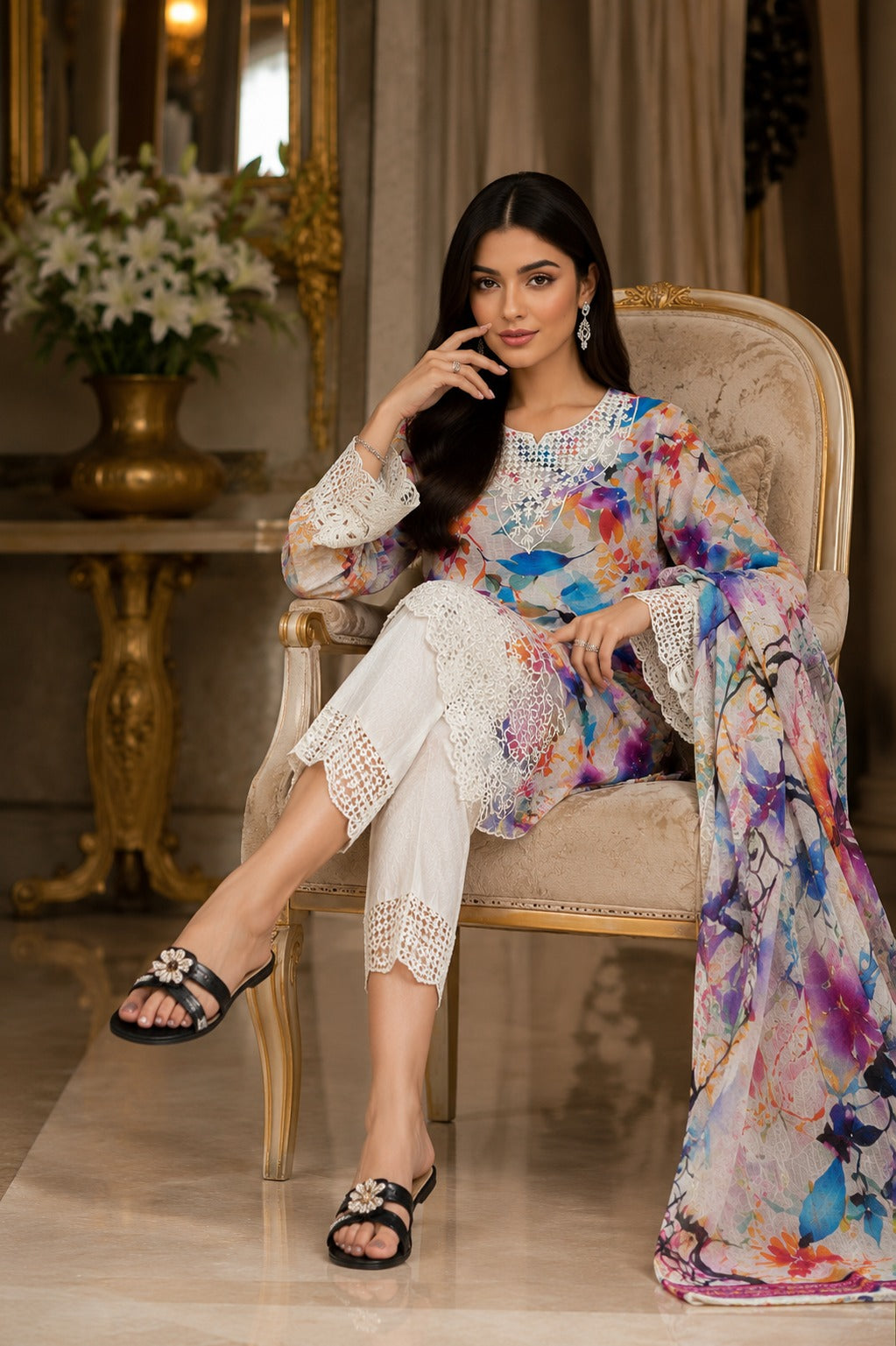 Floral Printed Lawn 3-Piece Suit with Embroidered Lace & Printed Dupatta