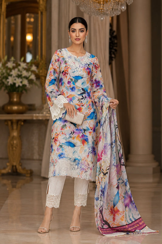 Floral Printed Lawn 3-Piece Suit with Embroidered Lace & Printed Dupatta