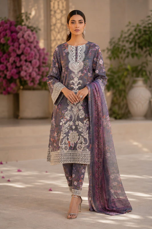Slate Grey Floral Printed Lawn 3-Piece Suit with Printed Dupatta