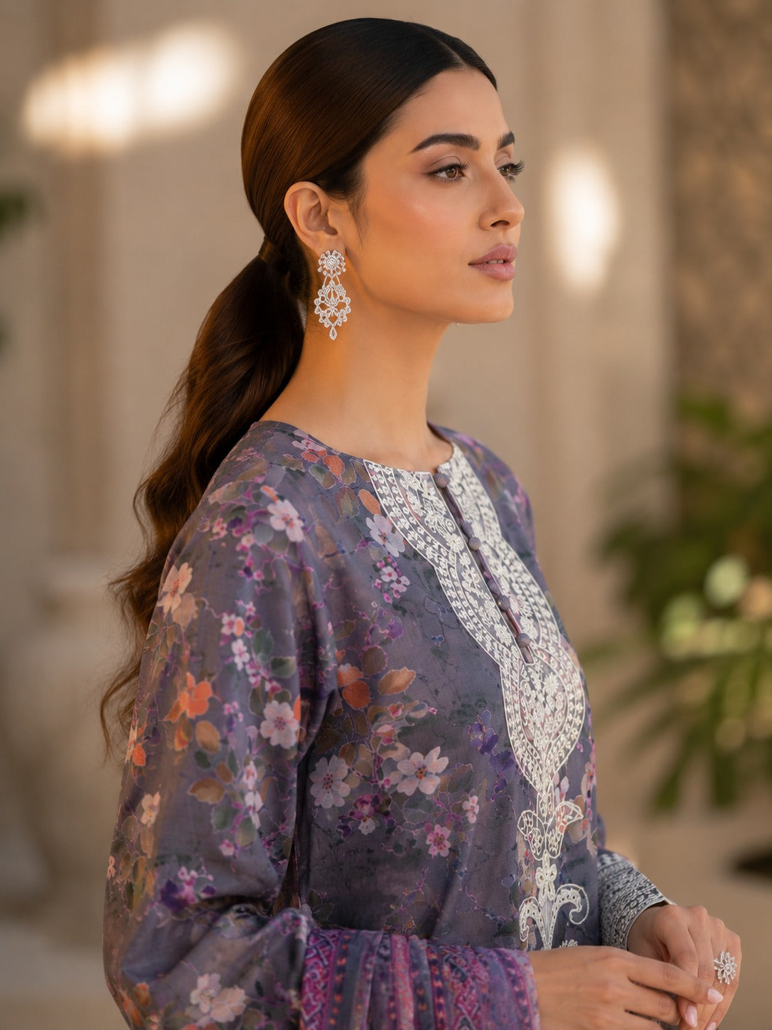Slate Grey Floral Printed Lawn 3-Piece Suit with Printed Dupatta