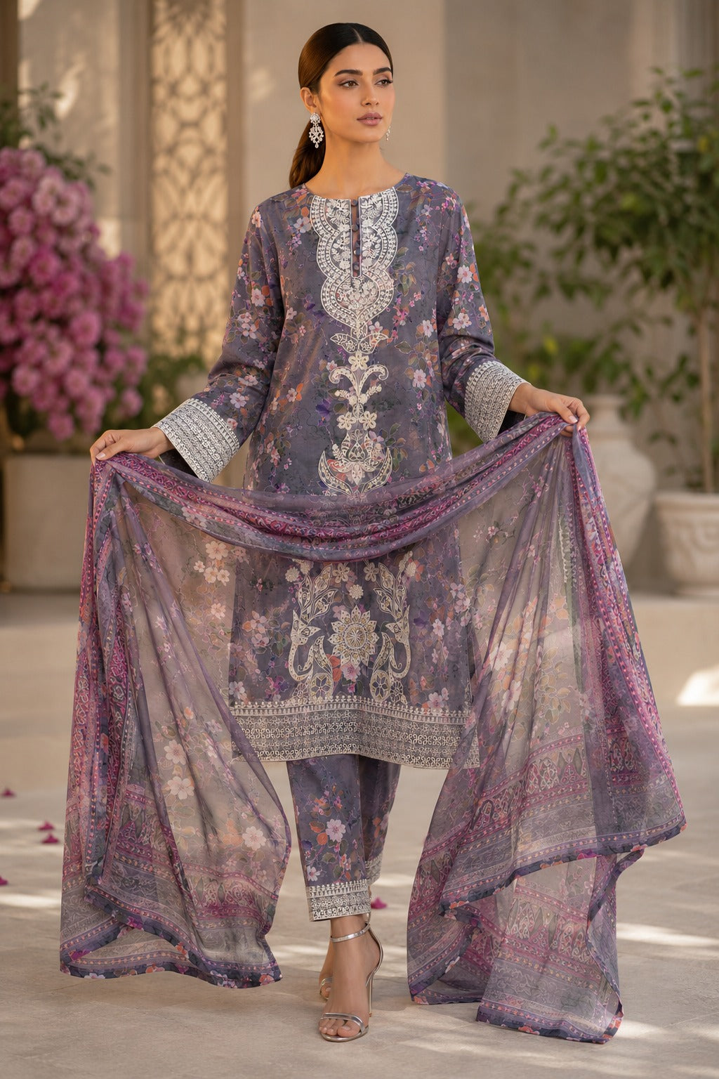 Slate Grey Floral Printed Lawn 3-Piece Suit with Printed Dupatta