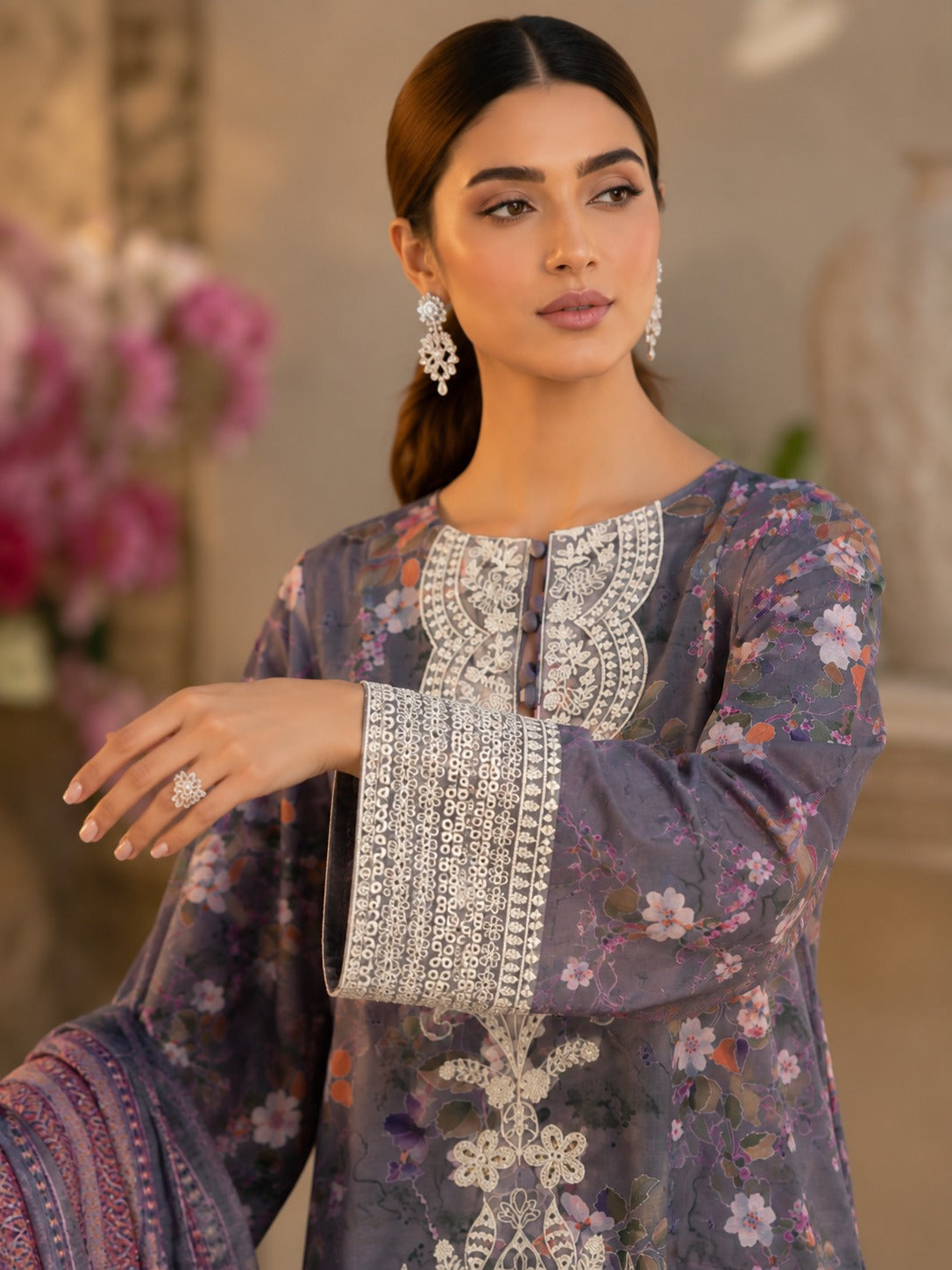 Slate Grey Floral Printed Lawn 3-Piece Suit with Printed Dupatta