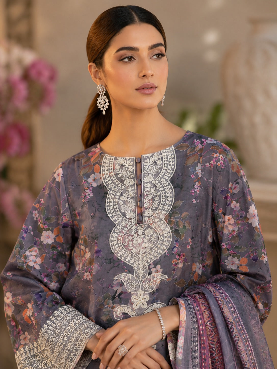 Slate Grey Floral Printed Lawn 3-Piece Suit with Printed Dupatta