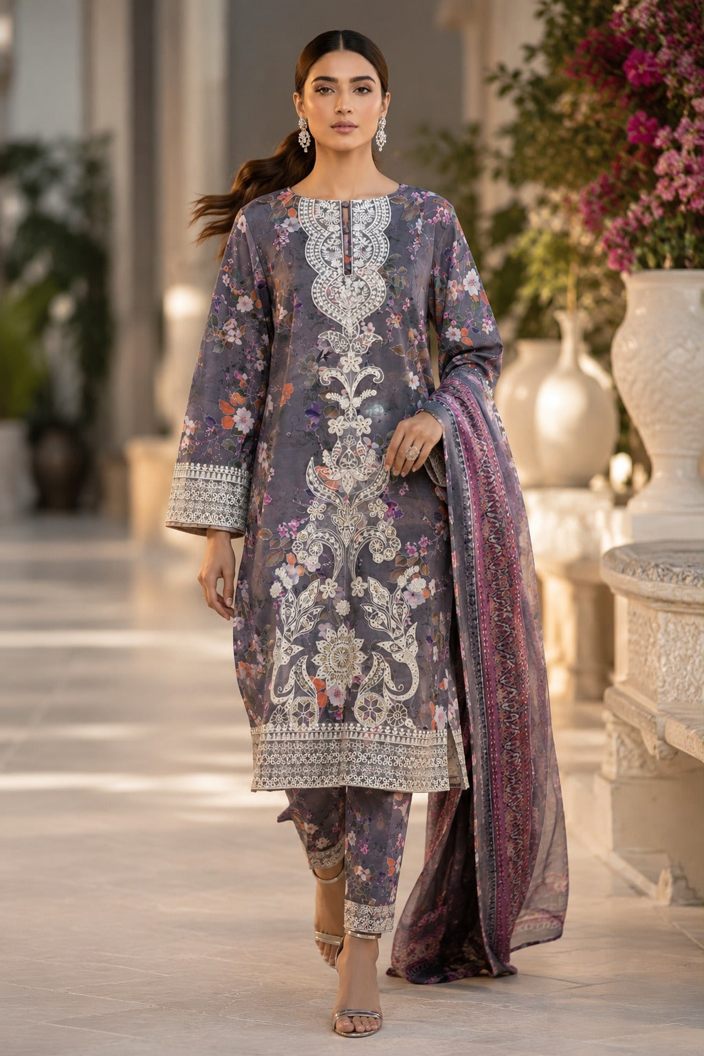 Slate Grey Floral Printed Lawn 3-Piece Suit with Printed Dupatta