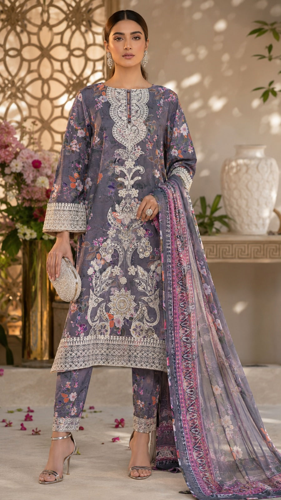 Slate Grey Floral Printed Lawn 3-Piece Suit with Printed Dupatta