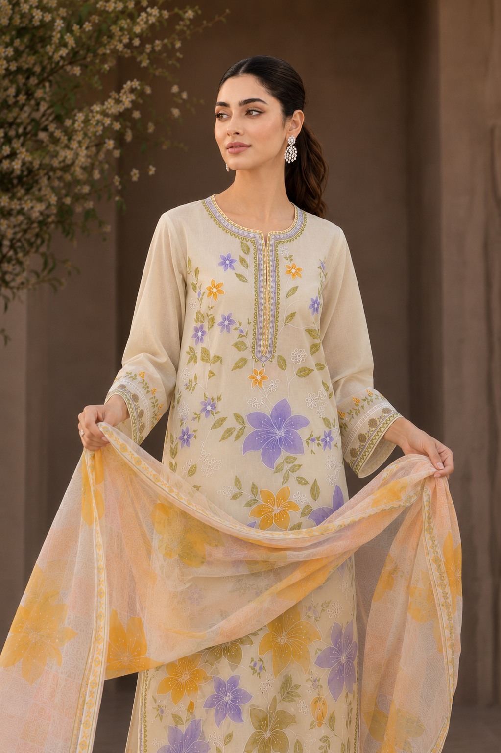 Pastel Bloom Embroidered 3-Piece Lawn Suit – Cream, Lavender & Mustard